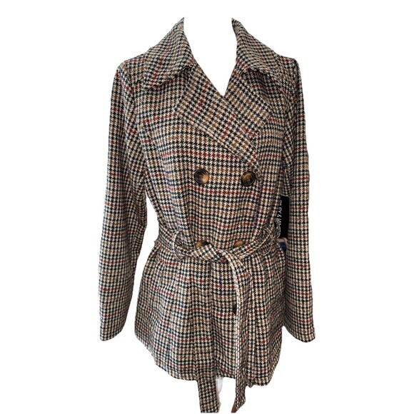 Riley & James Houndstooth Plaid Double Breasted Belted Coat Jacket Tan XL - Picture 2 of 11